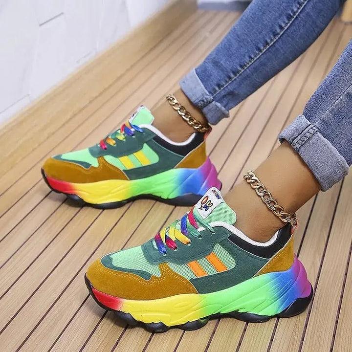 Orthopedic women's rainbow trainers with arch support & wide fit for lightweight, comfortable walking.