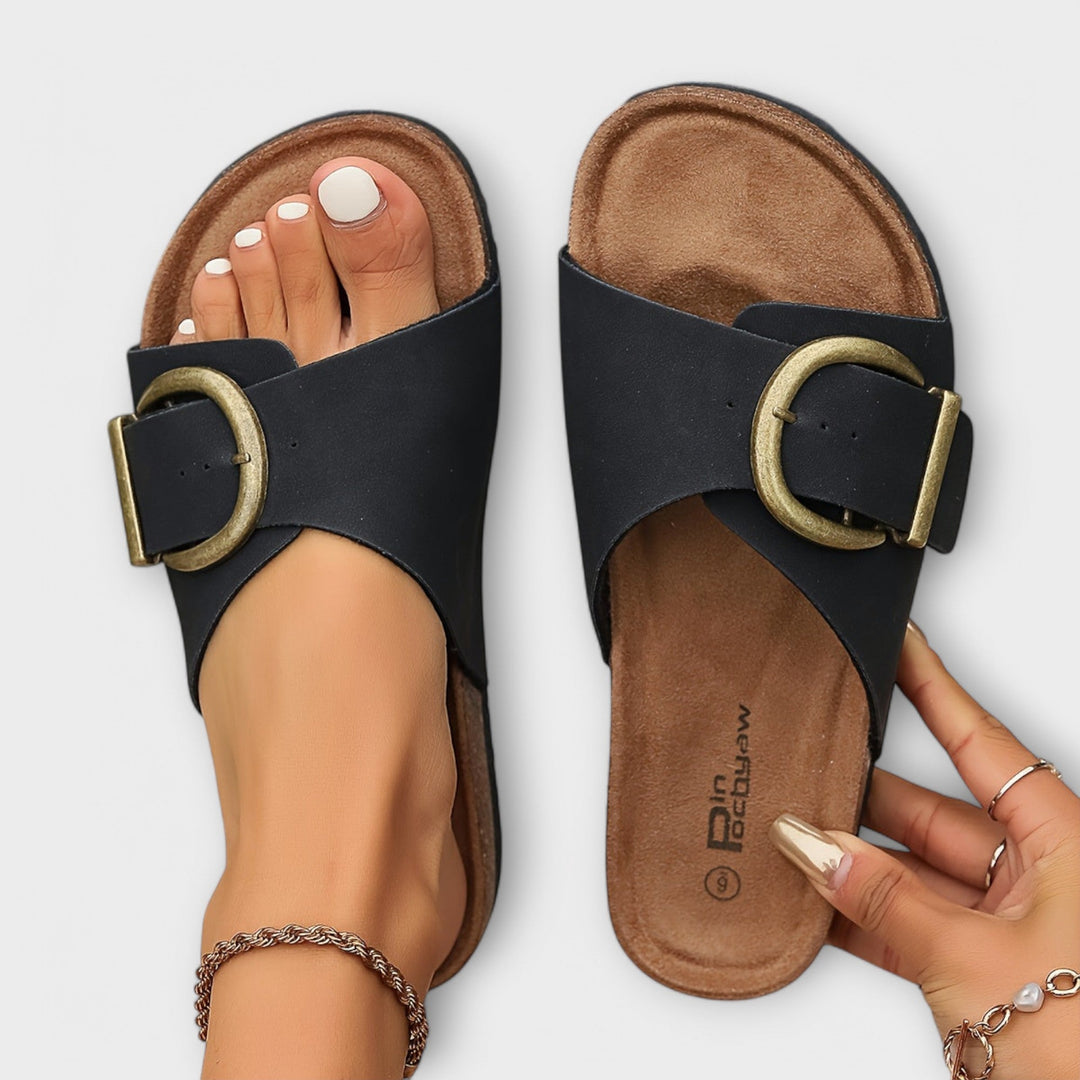 Khaki women's orthopedic sandals with adjustable buckle for superior arch support & comfortable everyday wear.