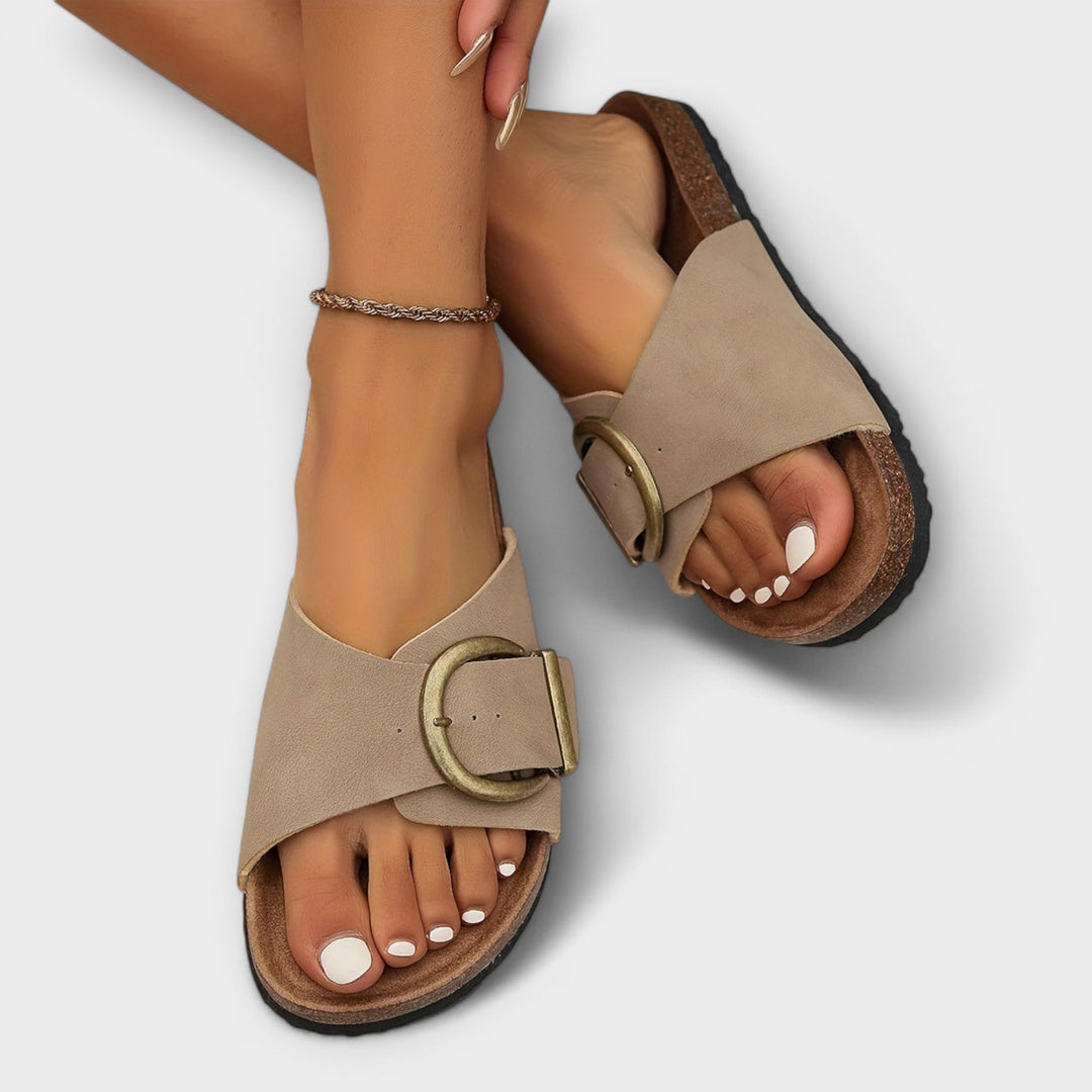 Creme open-toe orthopedic sandals for women, designed for all-day comfort, support, and summer casual wear.
