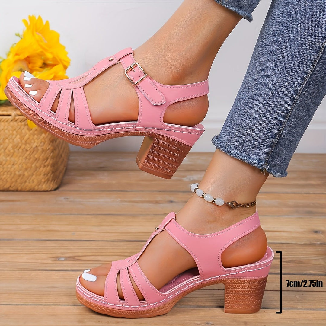 Supportive women's vintage block heel sandals with padded insole for all-day comfort.