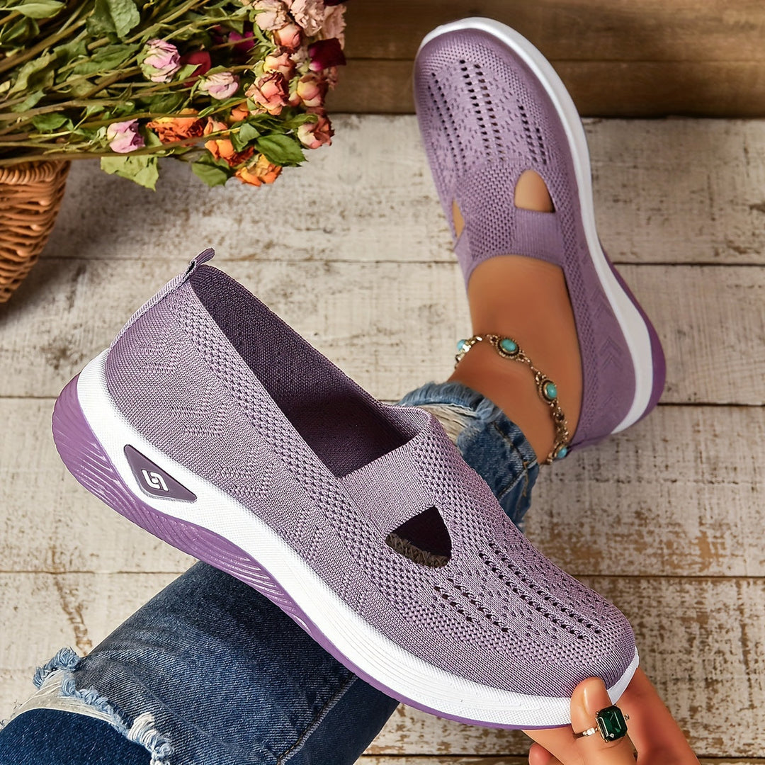 Close-up of comfortable women's orthopedic slip-on shoes, highlighting supportive features for pain relief & foot health.