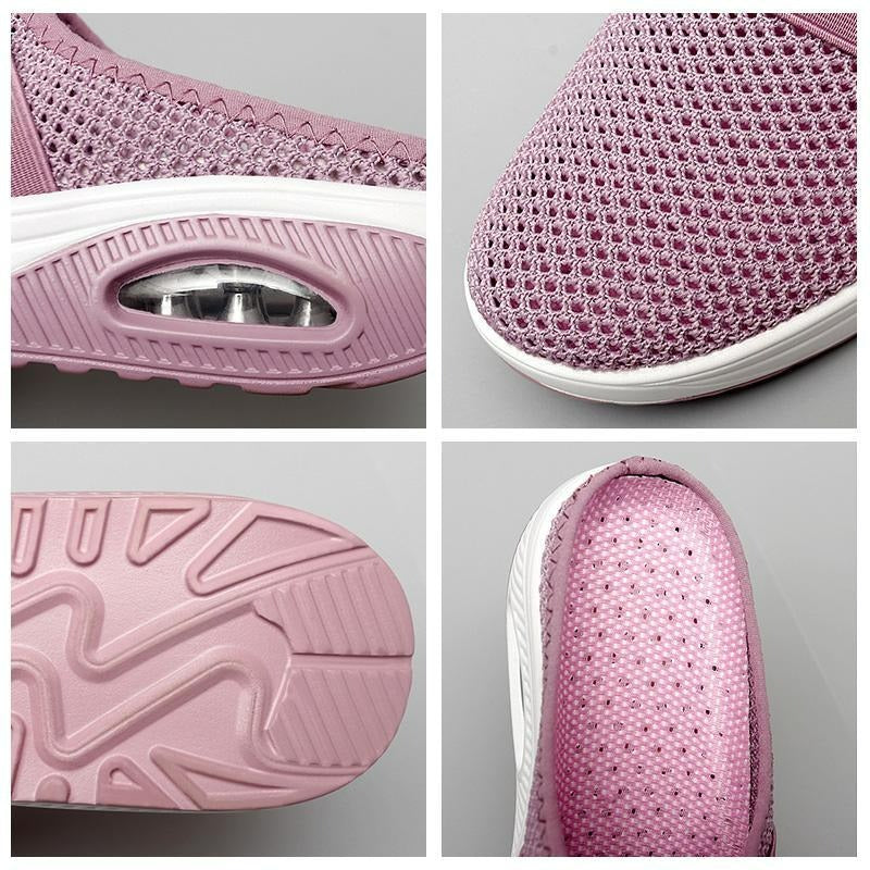 Supportive women's slip-on walking shoes, side view. Ergonomic design & cushioned sole for foot health.