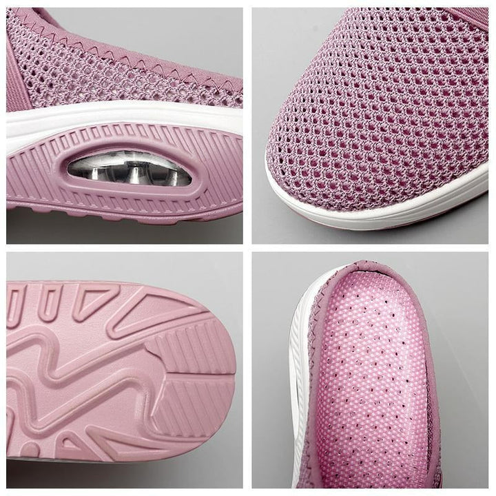 Supportive women's slip-on walking shoes, side view. Ergonomic design & cushioned sole for foot health.