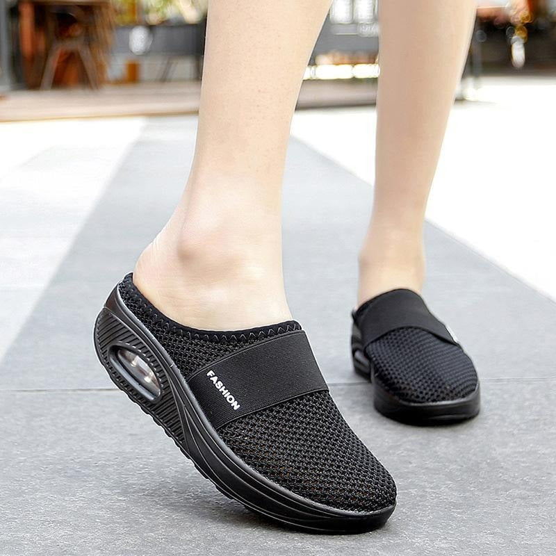 Breathable fabric on women's orthopedic casual shoes, close-up. Lightweight for everyday comfort.