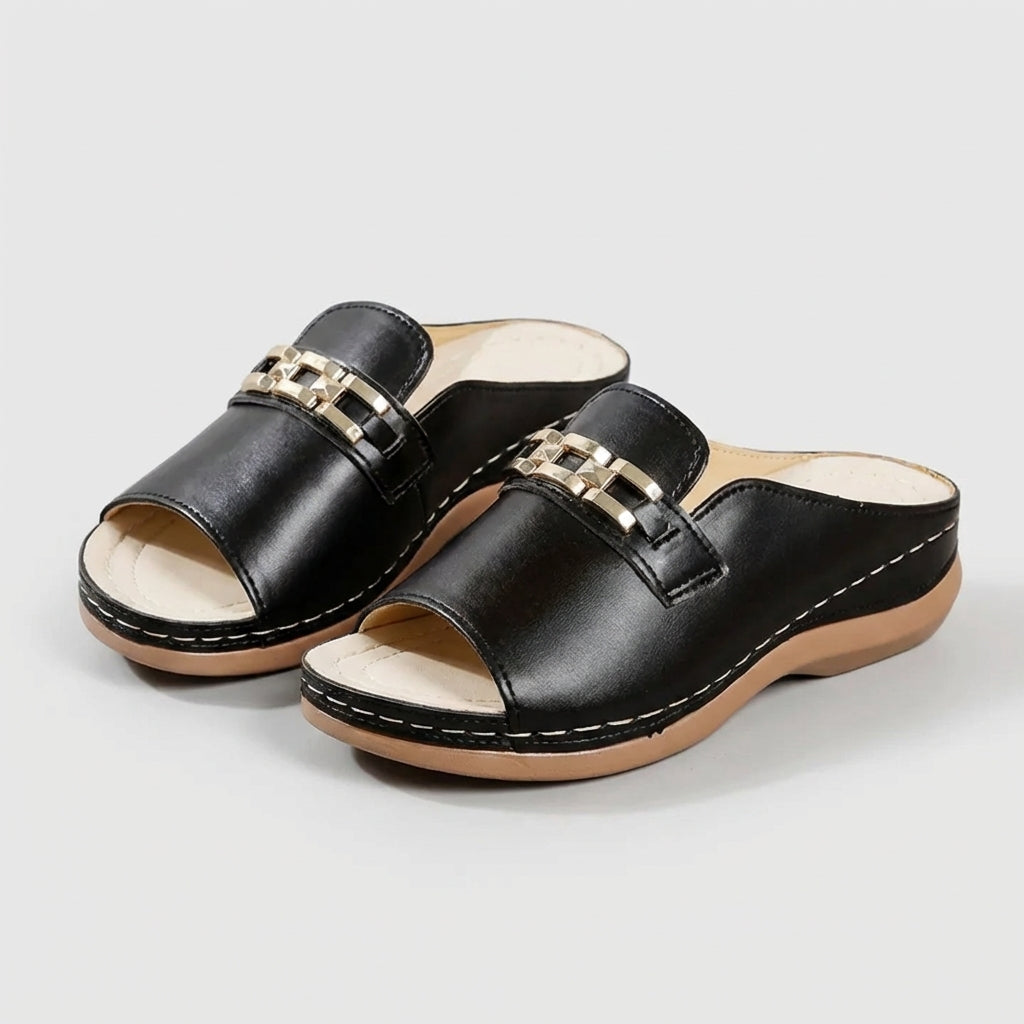 Womens comfort slip-on wedge sandals, orthopedic footwear for elegant casual summer style.
