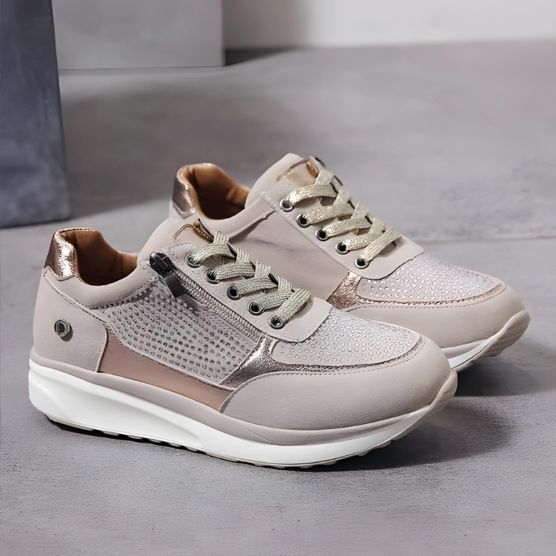 Side view of women's comfortable orthopedic sneakers, showing supportive sole for pain relief & active support.