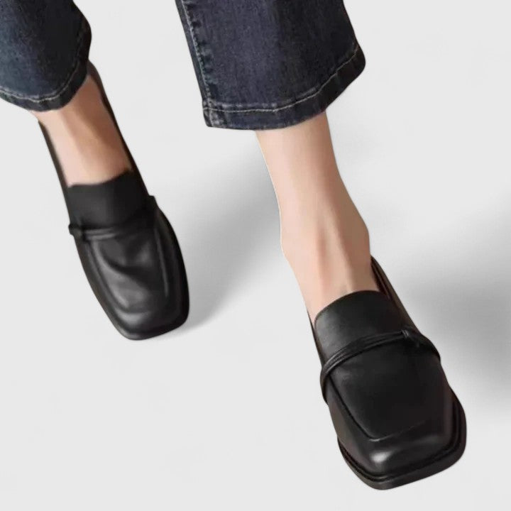 Women's orthopedic square toe classic loafers in black, offering comfortable support for everyday wear & office.