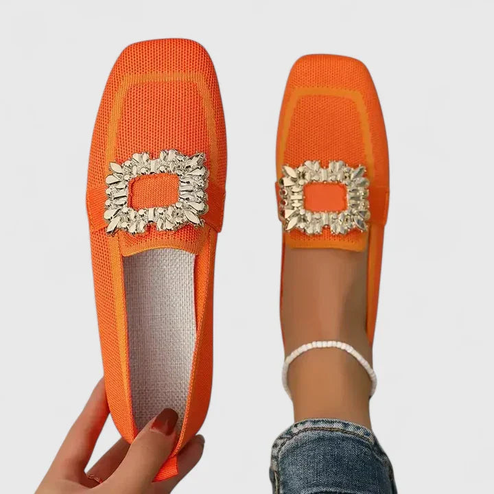Close-up of women's square toe slip-on loafers, highlighting orthopedic comfort & sleek modern design.