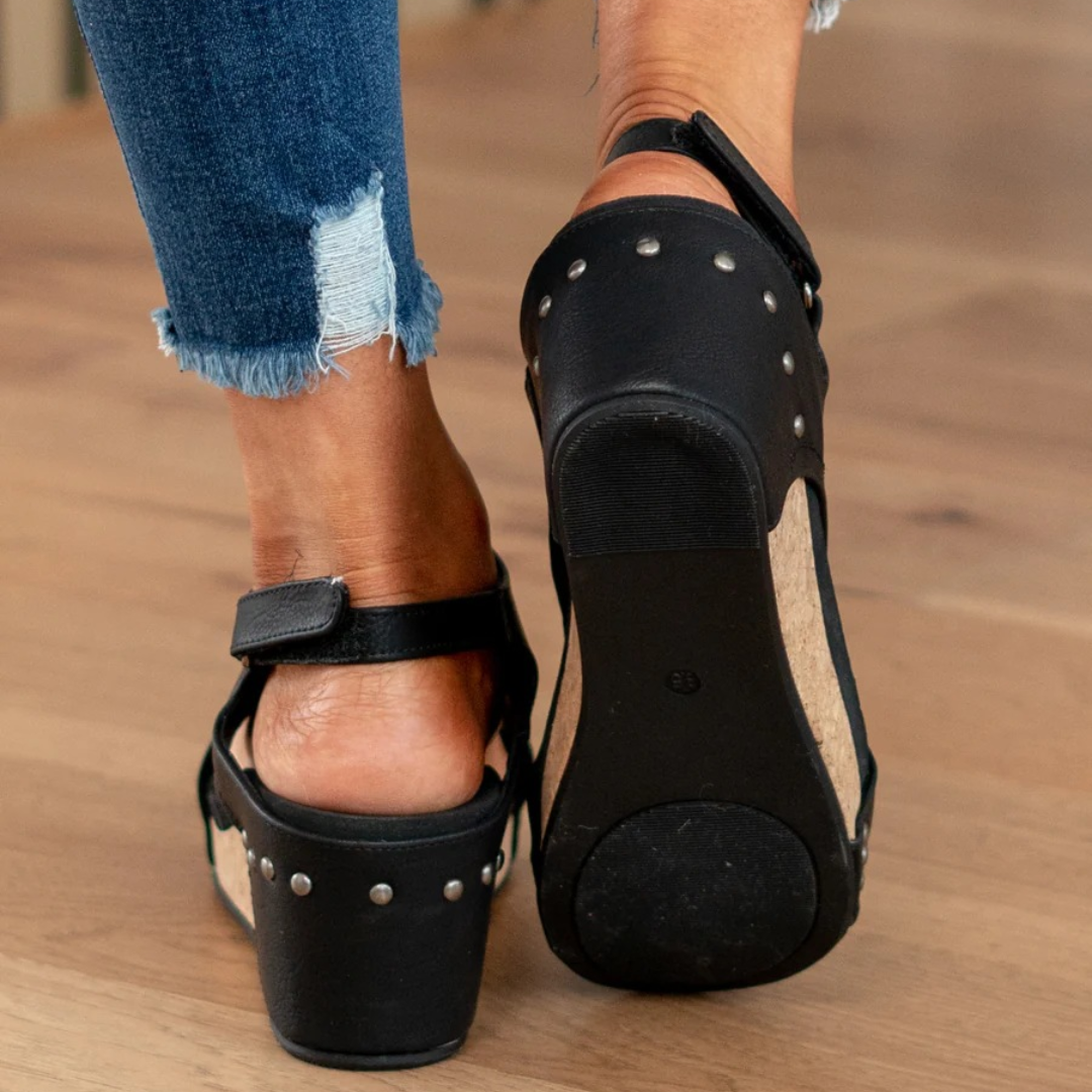 Side view: Women's orthopedic studded wedge sandals. Arch support & comfortable platform for summer walks.