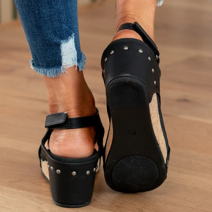 Side view: Women's orthopedic studded wedge sandals. Arch support & comfortable platform for summer walks.