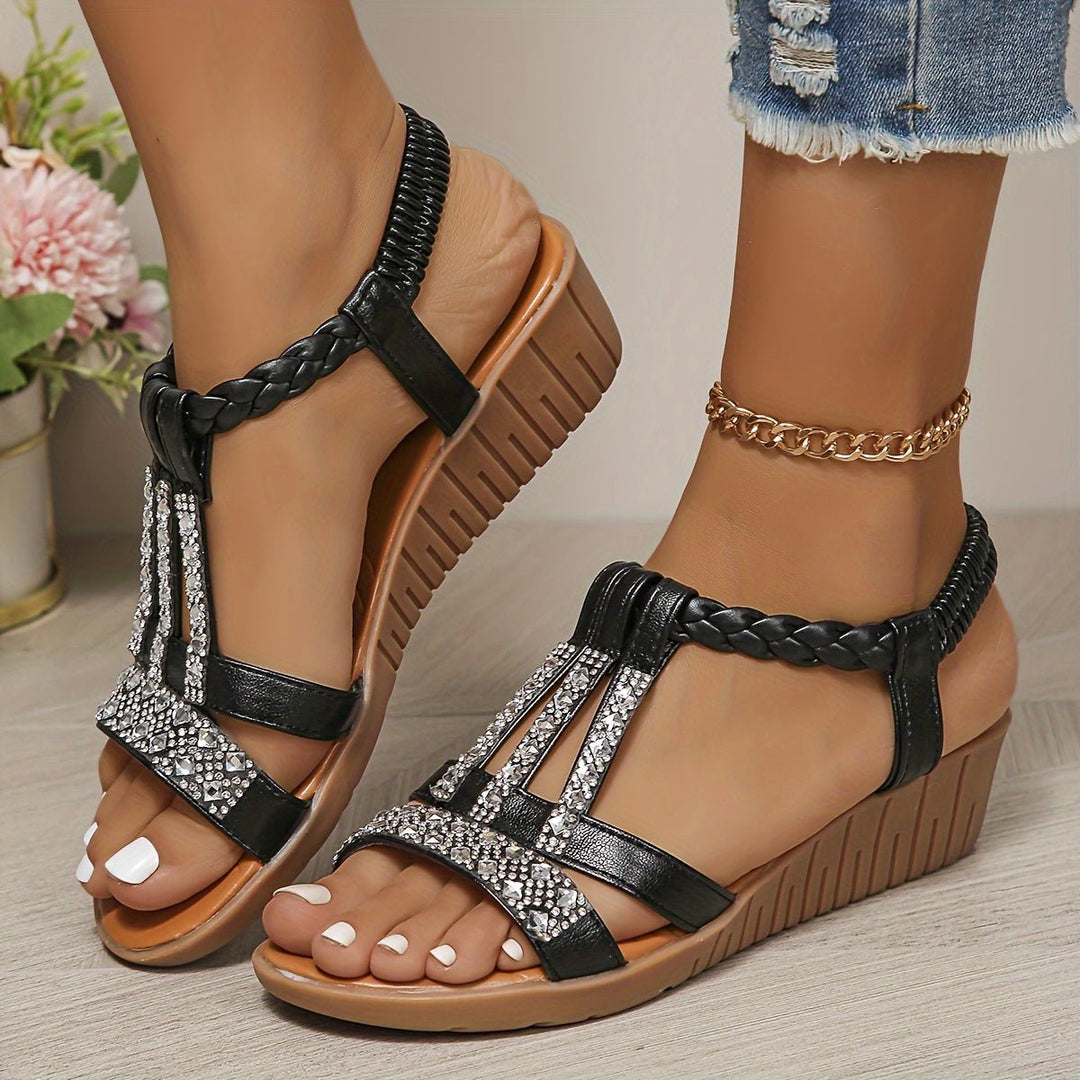 Side view: elegant women's orthopedic T-strap wedge sandals, highlighting embellishments and wedge heel.