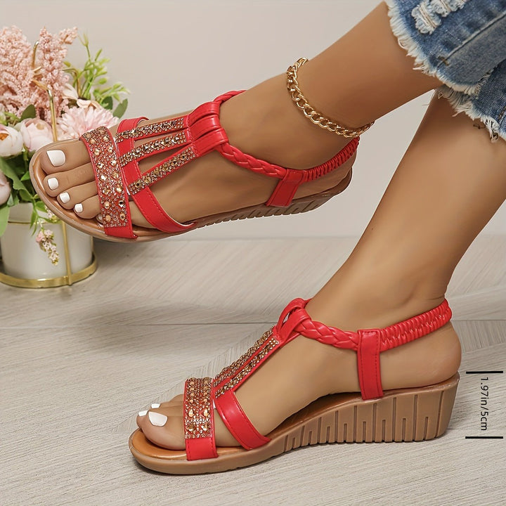 Comfortable women's orthopedic T-strap wedge sandals with stylish embellishments for all-day wear.
