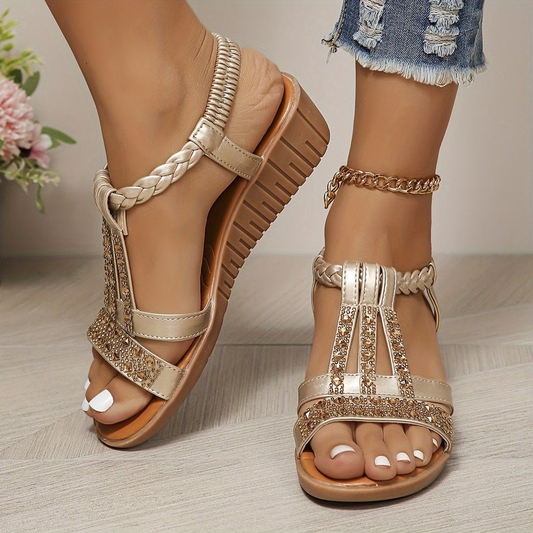 Elegant embellished T-strap wedge sandals for women, offering orthopedic comfort and a secure fit.