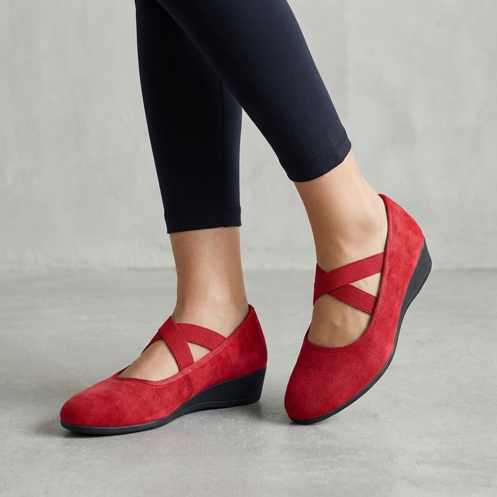 Supportive slip-on orthopedic wedge flats for women with criss-cross straps, perfect for foot comfort.