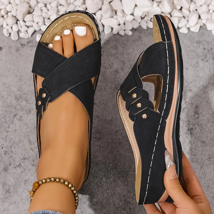 Elegant women's orthopedic wedge sandals. Comfortable summer footwear with anti-slip sole, arch support, travel.