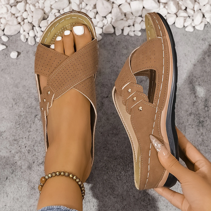Stylish women's orthopedic wedge sandals. Comfortable, anti-slip summer footwear with arch support for daily wear.