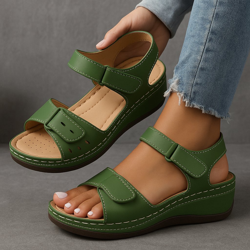 Women's orthopedic wedge sandals with adjustable velcro straps & arch support for all-day comfort.