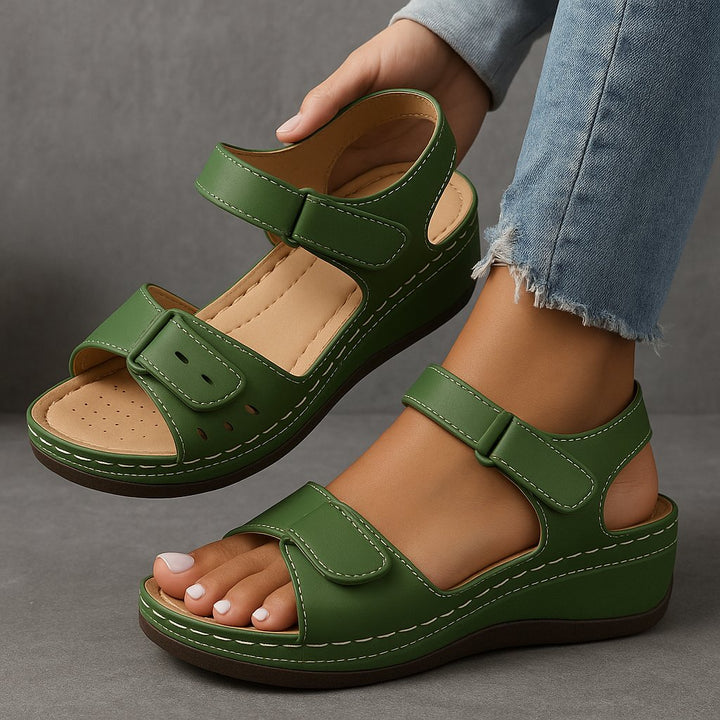 Women's orthopedic wedge sandals with adjustable velcro straps & arch support for all-day comfort.