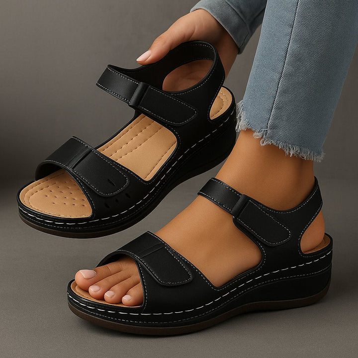 Women's comfortable orthopedic wedge sandals. Adjustable velcro, arch support, stylish summer platform.