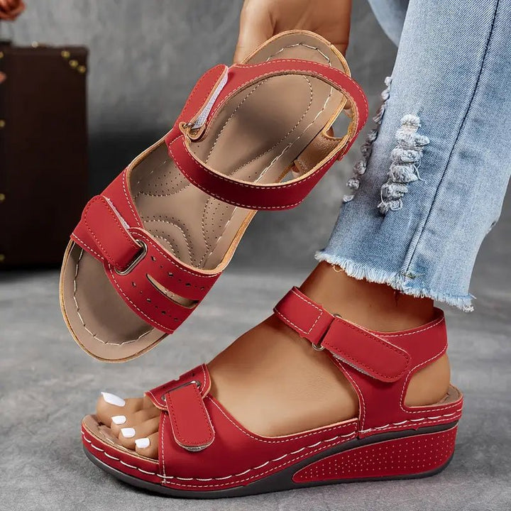 Women's orthopedic wedge sandals with adjustable hook-and-loop straps, arch support, comfortable summer footwear.