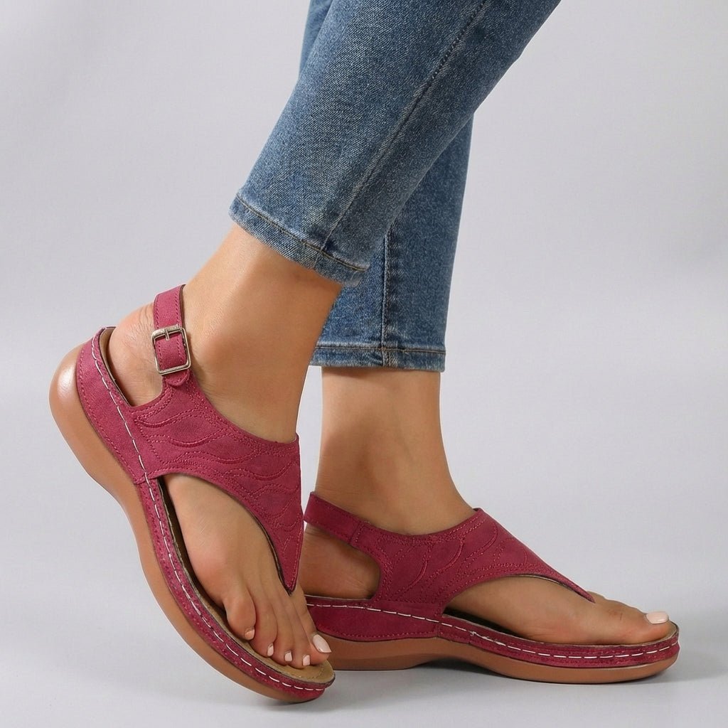 Women's orthopedic wedge sandals with embroidered ankle strap, offering comfort and foot support for summer.