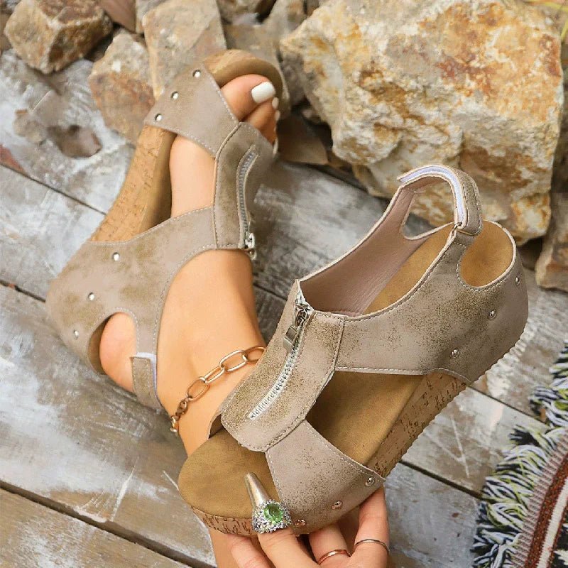 Orthopedic women's zip-front wedge sandals, platform design ensuring comfort and foot health.