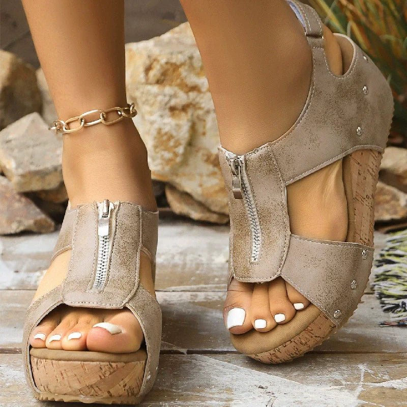 Comfortable women's orthopedic zip-front wedge sandals, platform design for supportive summer wear.