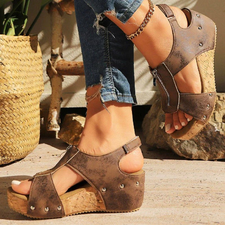 Fashionable women's orthopedic zip-front platform wedge sandals, perfect for summer casual wear.