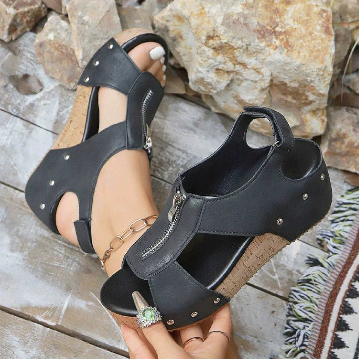 Casual women's orthopedic zip-front wedge sandals, platform comfort for supportive summer style.