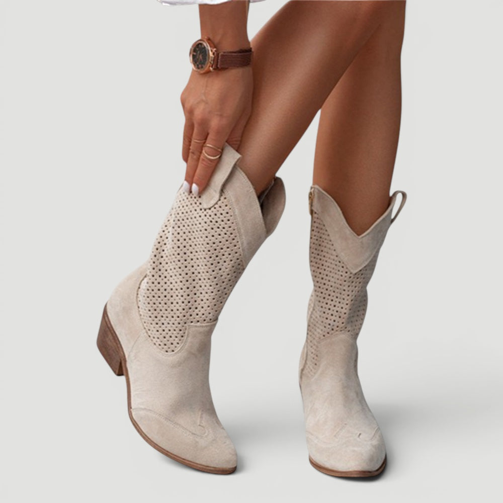 Women's orthopedic western cowboy boots. Stylish mid-calf comfort footwear with a unique perforated design.