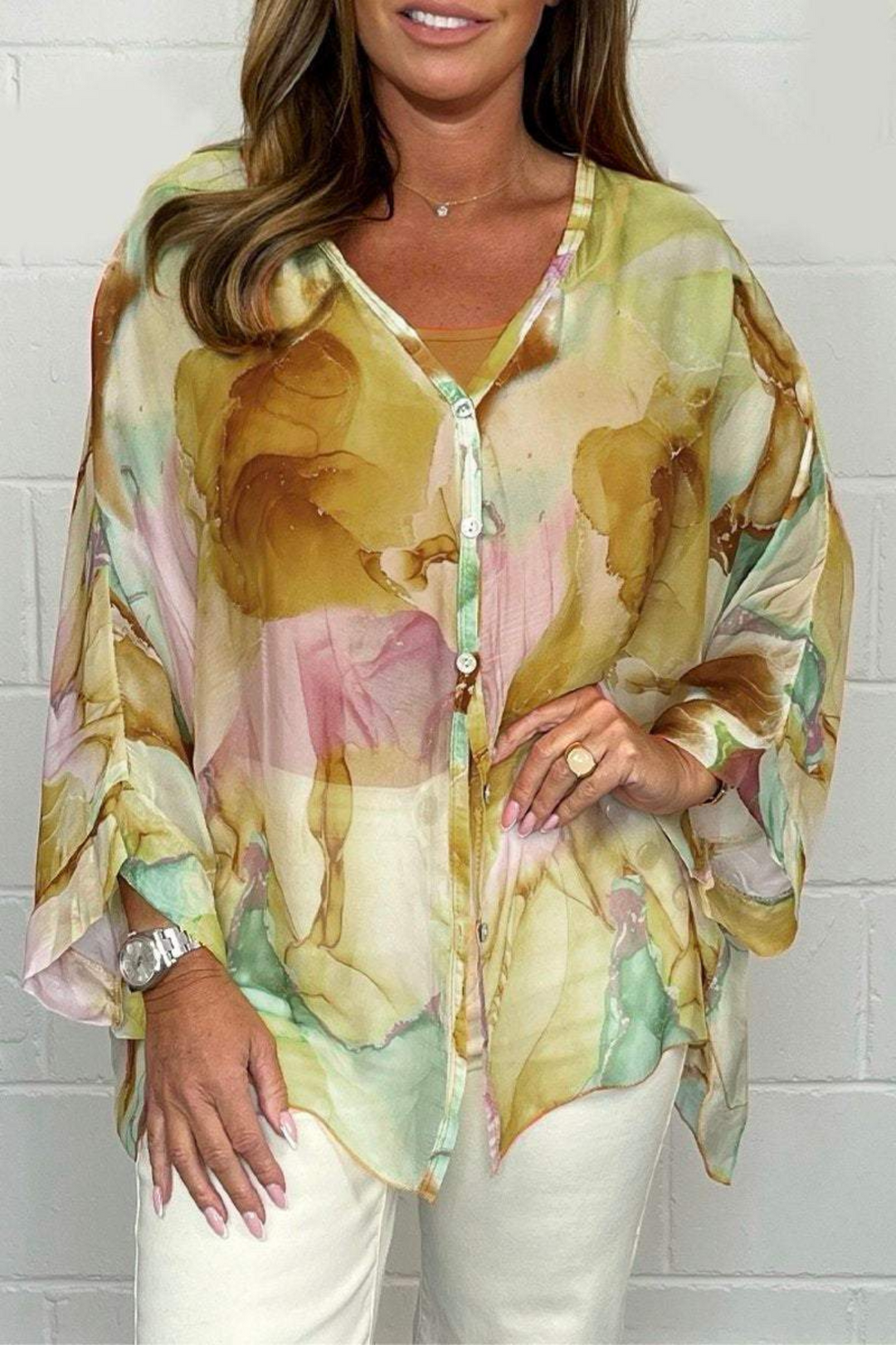 Women's oversized abstract print blouse, v-neck, long sleeve, elegant & trendy casual fashion shirt.
