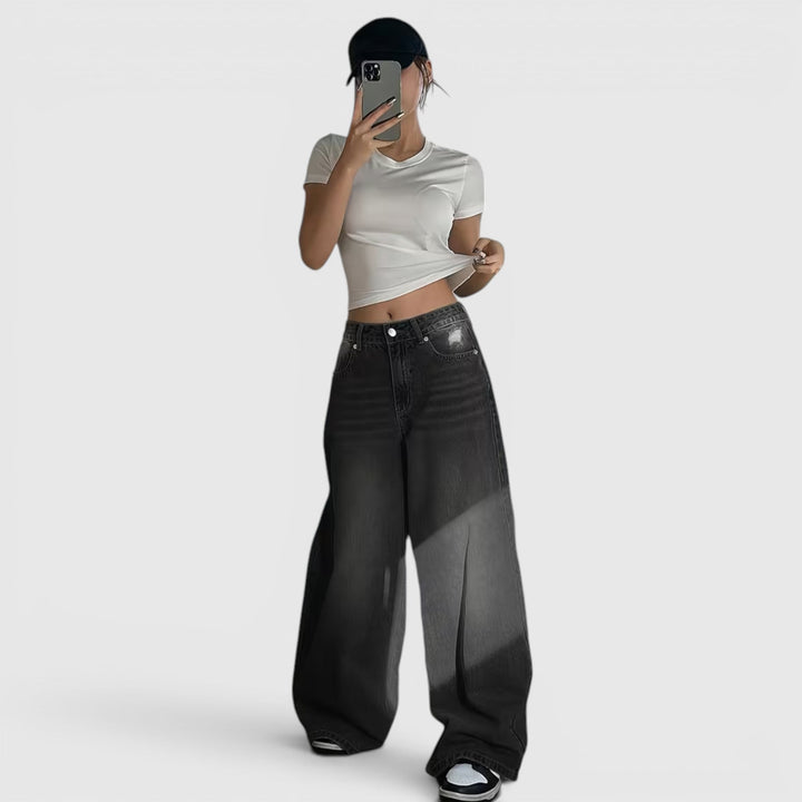 Women's oversized floor length pants with a comfortable baggy, loose fit for a vintage casual style.