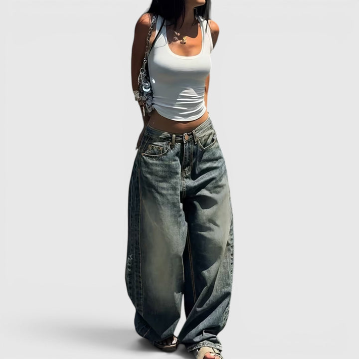 Women's comfort baggy pants, relaxed straight leg, perfect for a vintage-inspired look.
