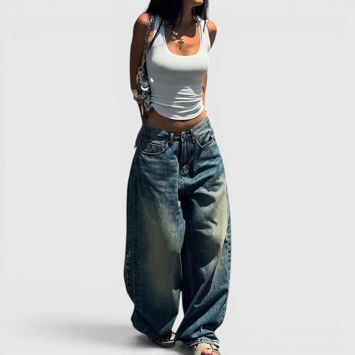 Vintage look women's straight leg baggy pants, relaxed fit, perfect for effortless style.