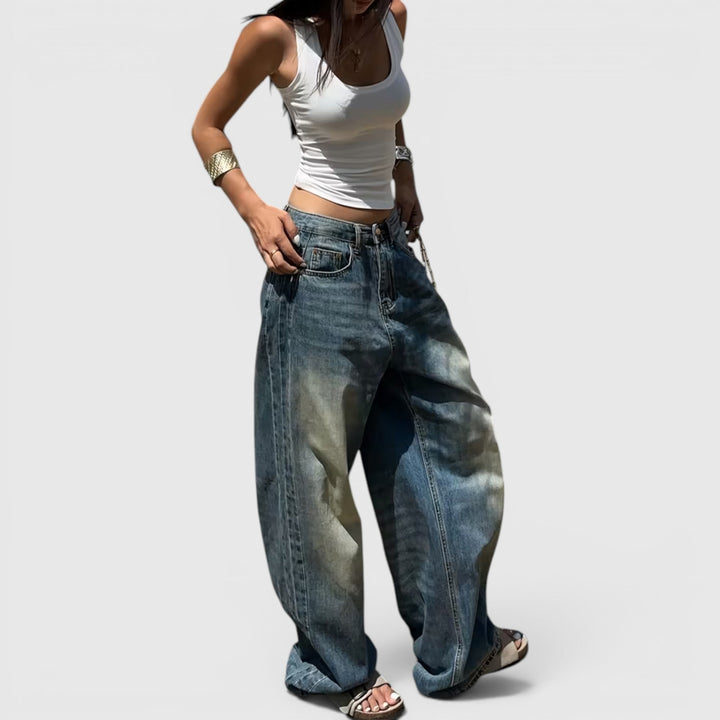Chic women's baggy pants, floor length, relaxed straight leg for a vintage casual look.