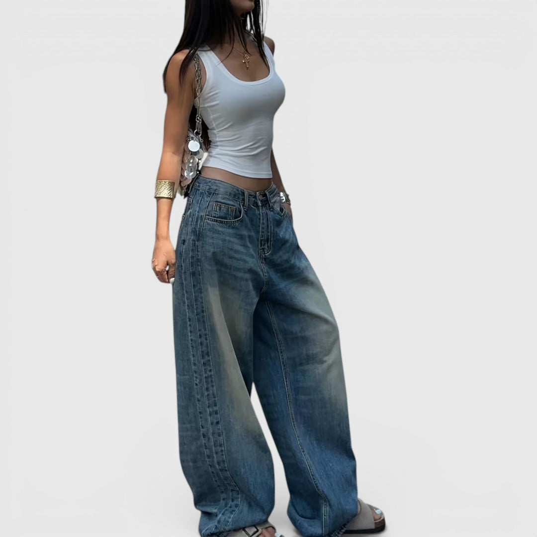 Vintage style women's baggy pants, straight leg, floor length, ideal for casual wear.