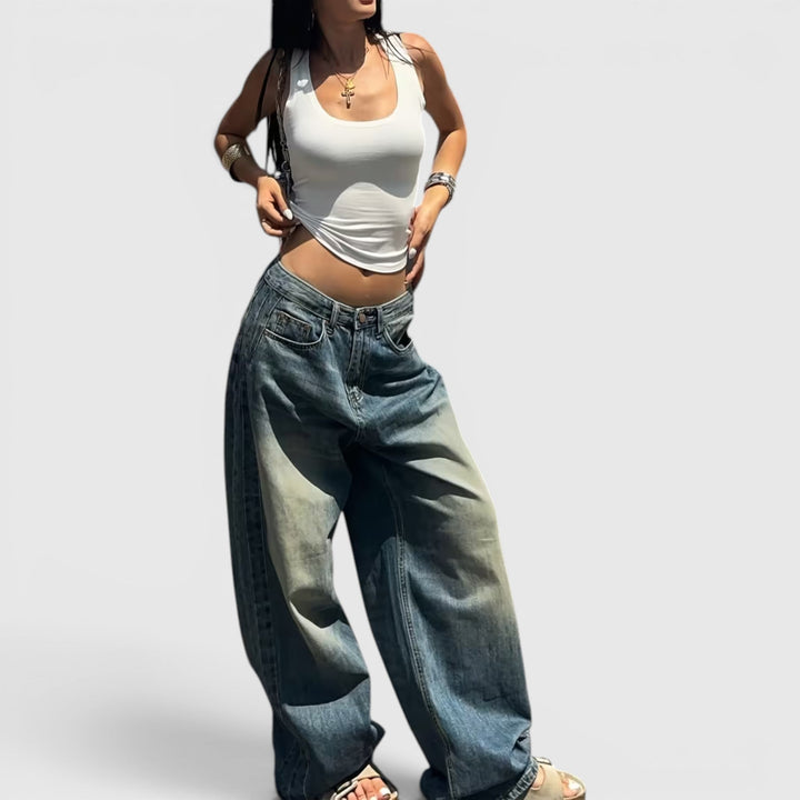 Women's comfort wear straight leg pants, baggy and oversized for a relaxed vintage vibe.
