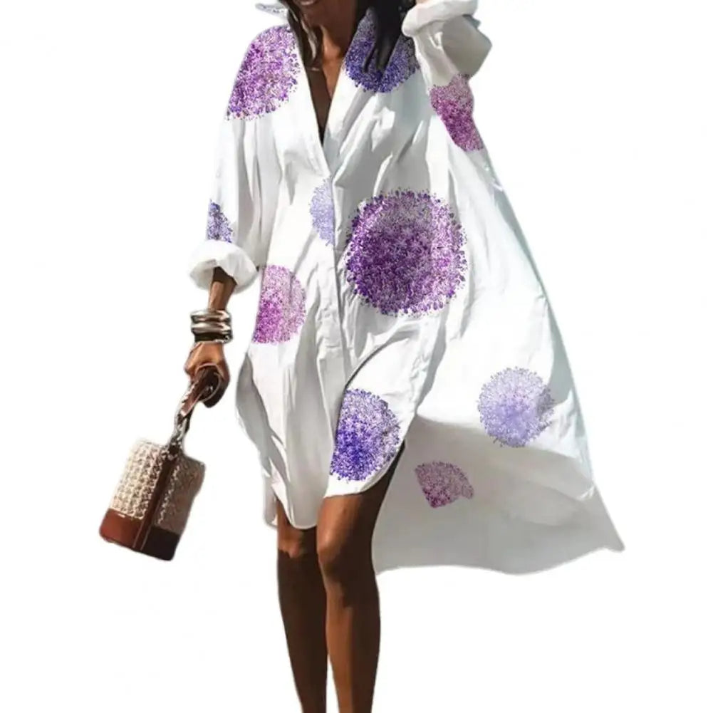 Casual women's oversized summer dress featuring a unique boho print, V-neck, and comfortable short sleeves.