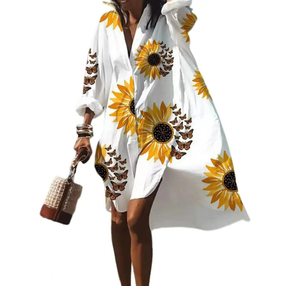 Stylish women's oversized boho summer beach dress, a comfortable and flowy V-neck midi with bohemian print.