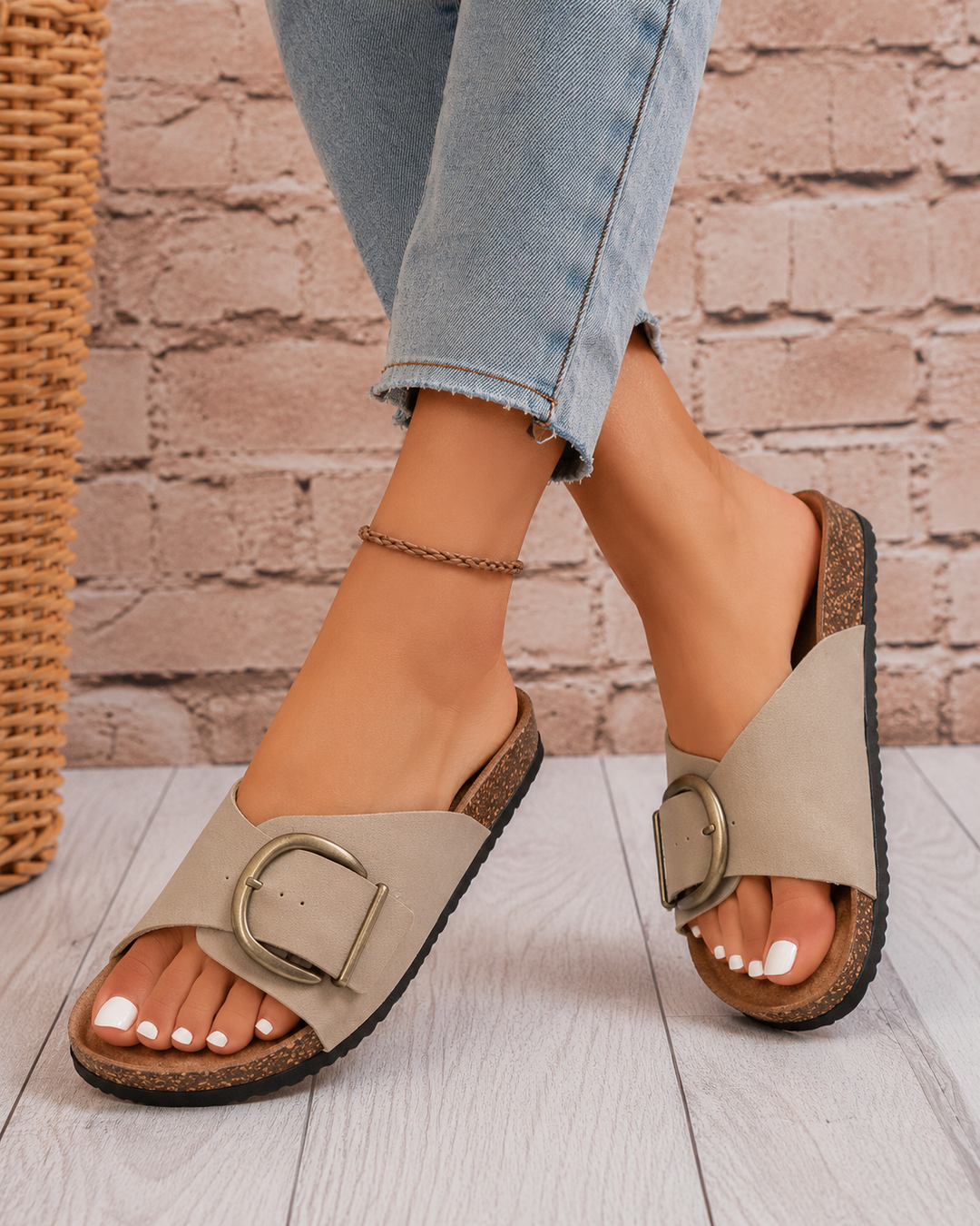 Fashionable women's slide sandals with a distinctive oversized buckle. Ideal comfortable slip-on summer footwear.