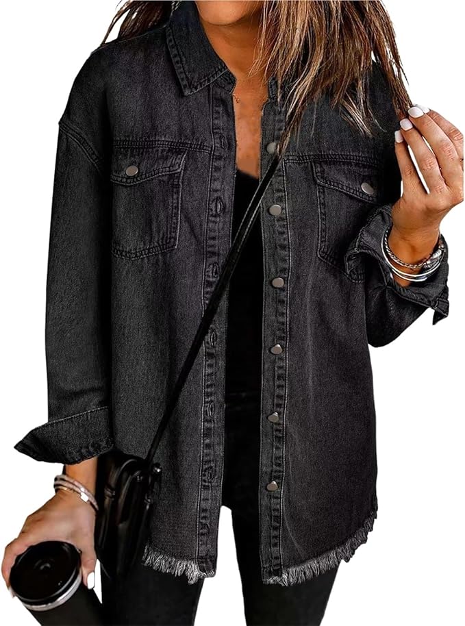 Fashionable women's oversized jacket featuring a raw hem and front buttons for a casual look.