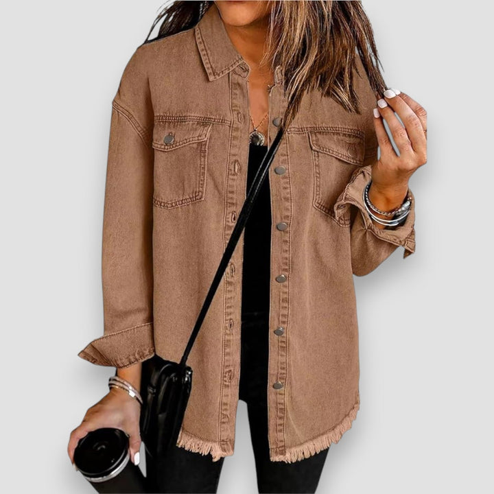 Drop shoulder women's oversized jacket with button front closure & stylish raw hem for a modern look.