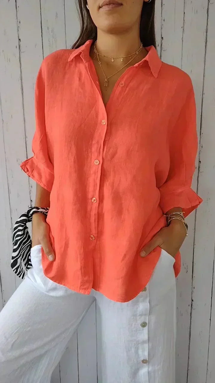 Versatile women's oversized collared button-front shirt. Long sleeve casual top for relaxed everyday fashion.