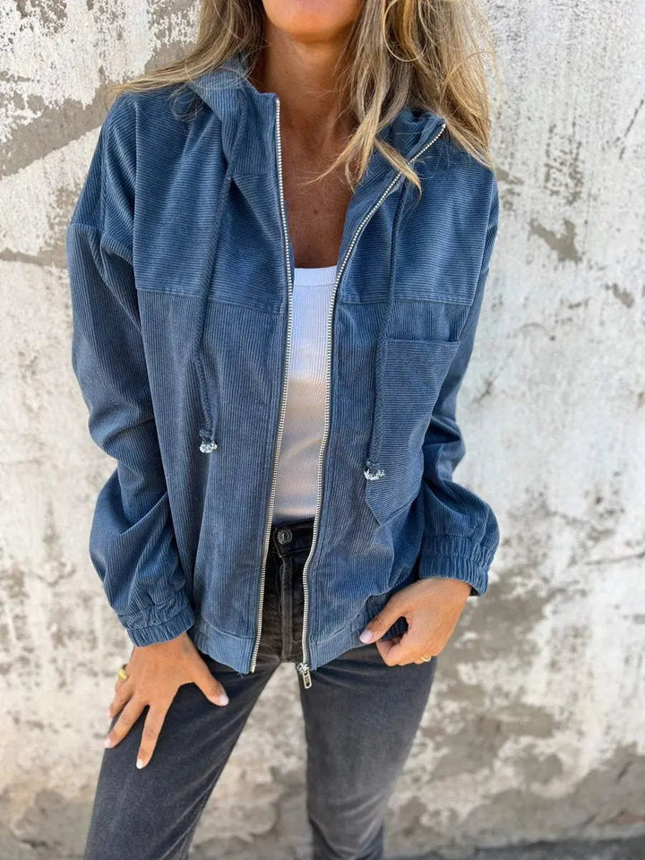 Women's oversized corduroy hooded zip-up jacket, quilted for casual comfort, perfect for spring/fall.