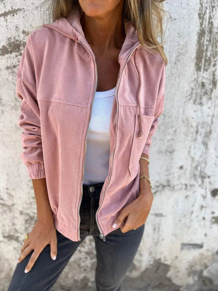 Women's casual oversized quilted corduroy jacket with hood & zip. Ideal layering outerwear for spring & fall fashion.
