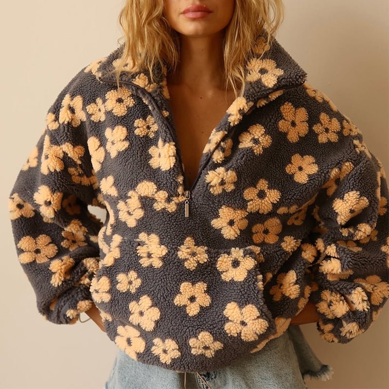 Women's oversized floral half-zip sweater jacket. Cozy & stylish for fall fashion.