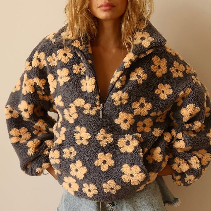 Women's oversized floral half-zip sweater jacket. Cozy & stylish for fall fashion.