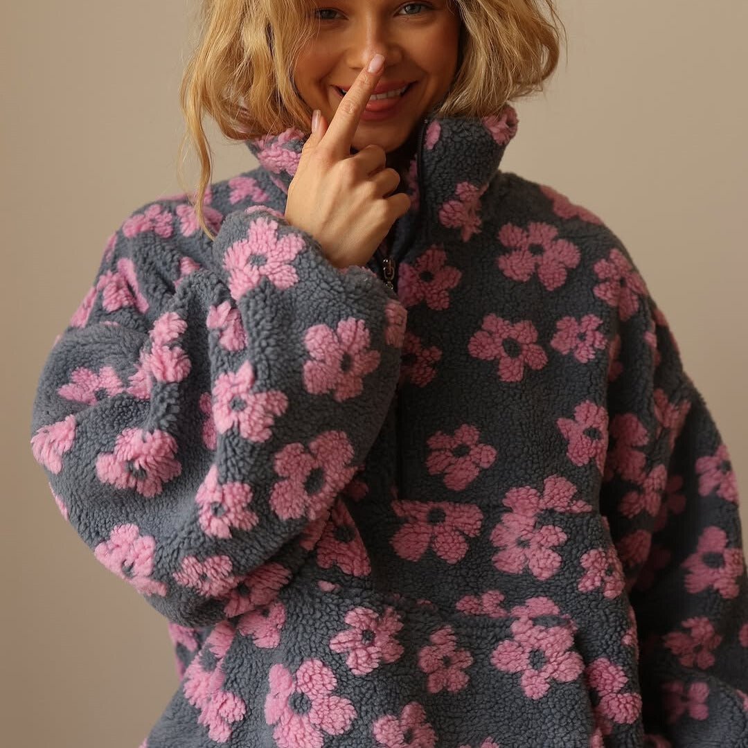 Women's fall fashion oversized floral half-zip sweater jacket with long sleeves.