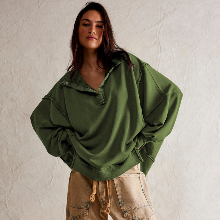 Women's relaxed fit oversized Henley pullover. Long sleeve casual top, comfortable & stylish.