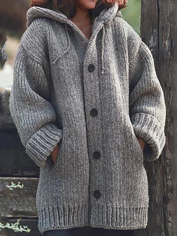 Comfortable women's hooded knit cardigan with pockets, ideal for casual fall & winter outfits.